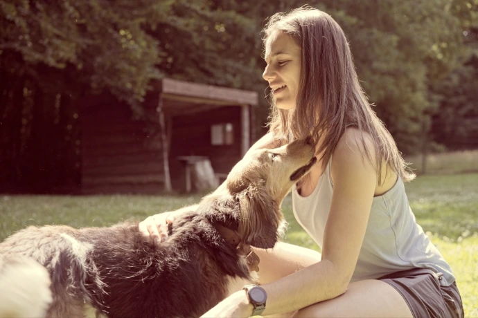 Girl hugging spaniel dog in autumn park
