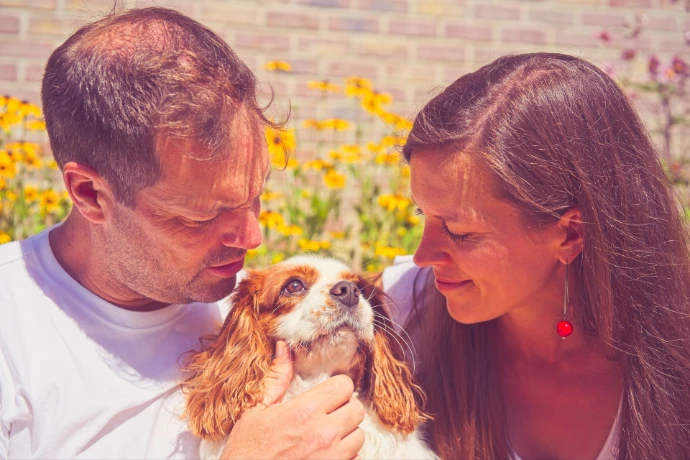 Couple kissing while holding small Cavalier King Charles Spaniel