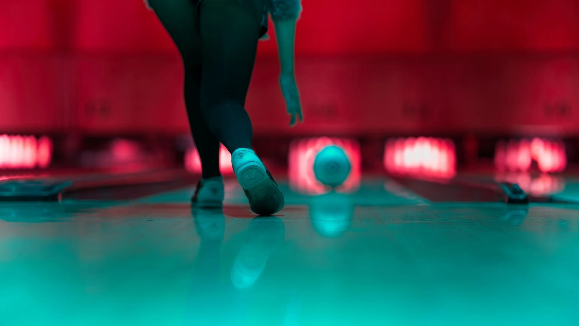 Close up of bowling shoes on the lane
